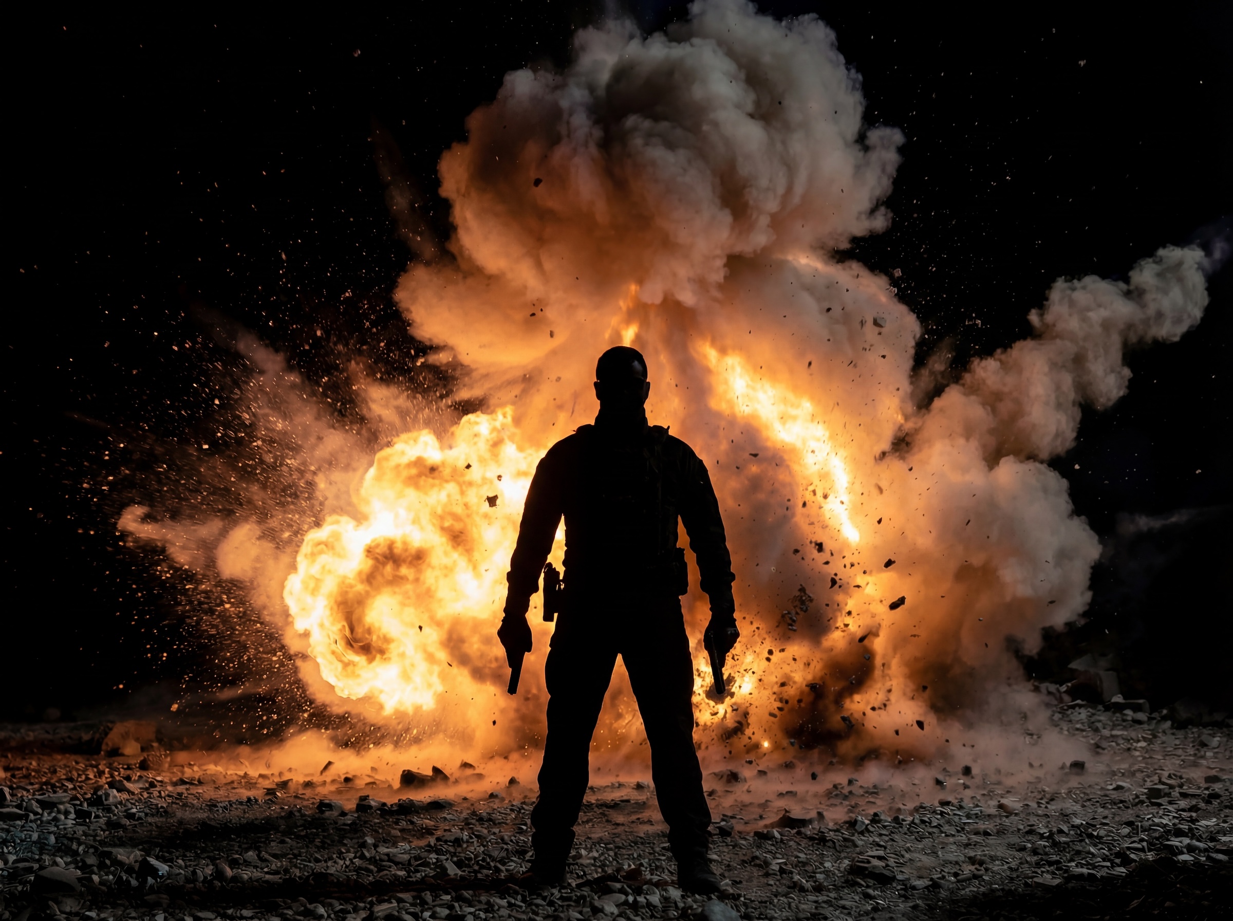 Action hero silhouette in front of an explosion